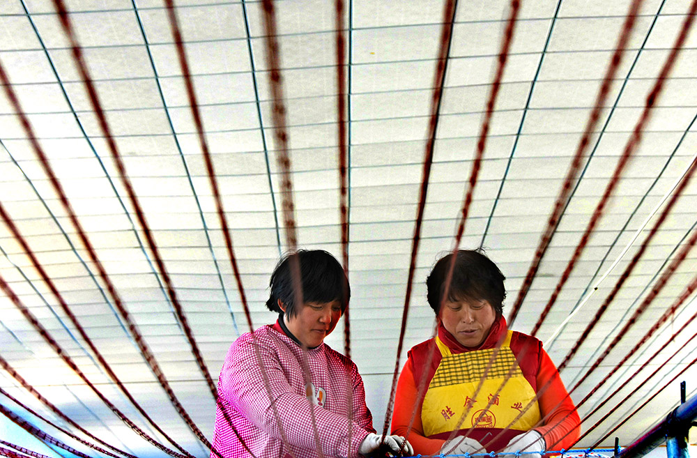 山东省沂源县石桥镇石桥村的农家妇女在编制渔网（3月2日摄）。