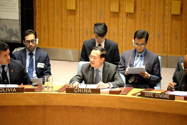 中国常驻联合国代表马朝旭大使出席安理会叙利亚问题公开会并发言。