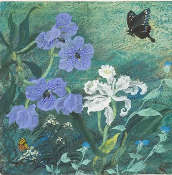 蝴蝶与花 45x45cm，90年代，水粉，纸本