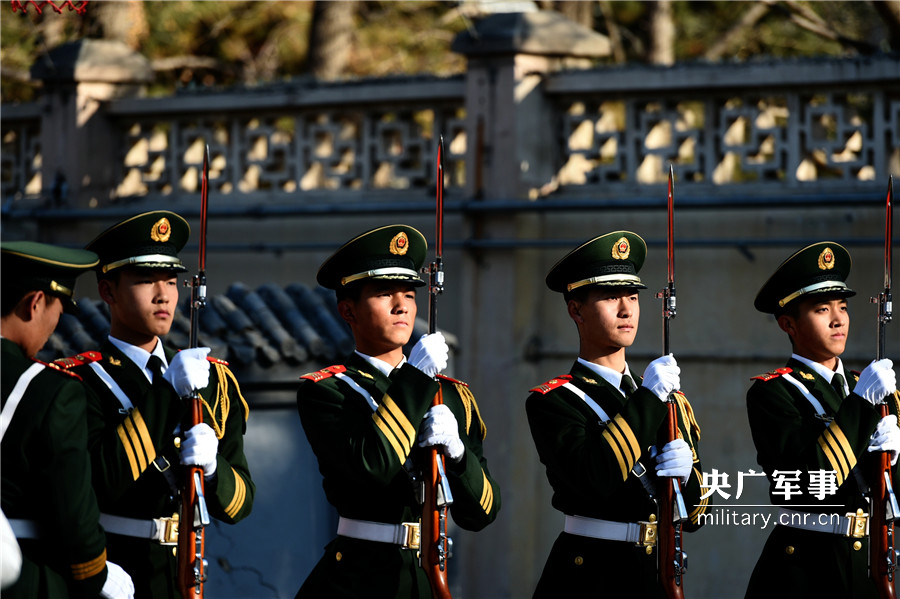 笔挺的礼服,金色的绶带,锃亮的马靴,头顶国徽,威武庄严,手握钢枪