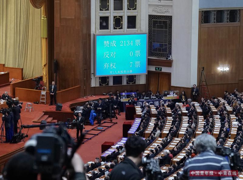 3月15日上午，北京人民大会堂，全国政协十三届一次会议闭幕会表决通过政协第十三届全国委员会第一次会议政治决议。中国青年报·中青在线记者 赵迪/摄