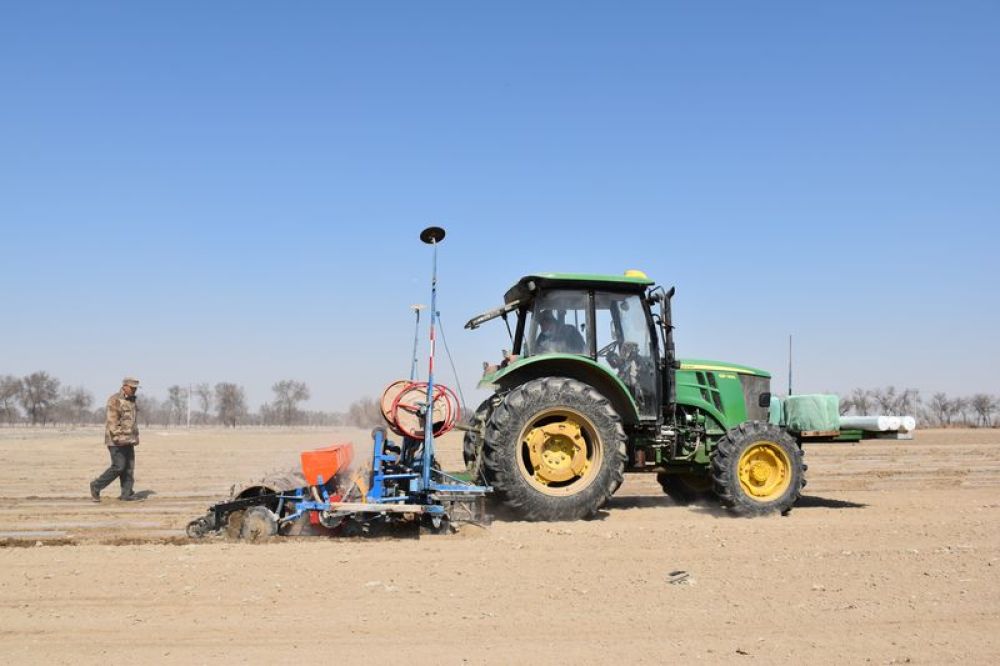 新疆生产建设兵团第八师一四一团装有北斗导航的农用机械正在春播（3月28日摄）。 新华社记者 高晗 摄