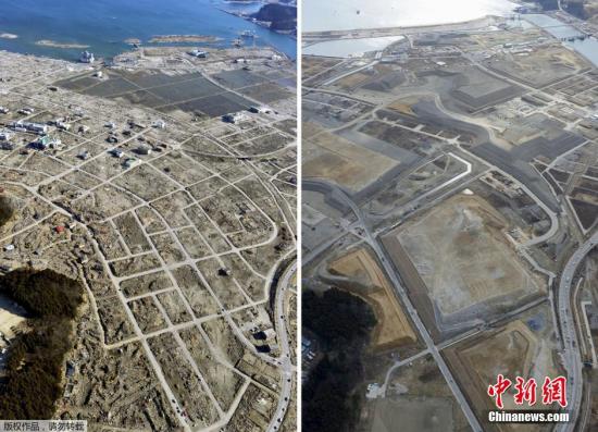 资料图：2011年4月5日（左）和2016年2月16日拍摄的日本岩手县陆前高田市的对比照片。 