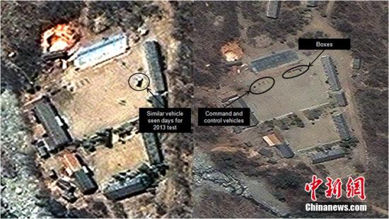 资料图：当地时间2014年4月29日，朝鲜丰溪里核试验场卫星图。美国智库“科学与国际安全研究所”(ISIS)称，这些卫星图片显示，丰溪里核试验场的活动仍在继续，并与准备进行核试验的迹象相符。图片来源：CFP视觉中国
