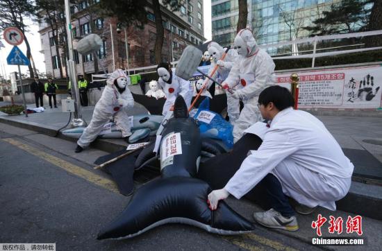 当地时间2015年12月7日，环境保护团体成员聚集在日本驻韩国大使馆前，抗议日本在南极地区捕鲸。