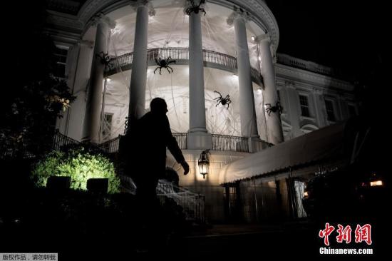 当地时间2017年10月28日，美国华盛顿，白宫南部门廊被巨大的蜘蛛和蛛网模型包围，这是白宫为了庆祝万圣节而准备的装扮。