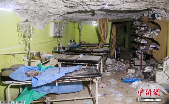 叙利亚西北部城镇汗舍孔4月4日遭到疑似化学武器攻击，据传造成包括儿童在内的约100名平民丧生，还有数百人身体不适。图为遭袭的医院。