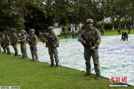 当地时间11月8日，哥伦比亚官方在阿帕展示缴获的超12吨可卡因。