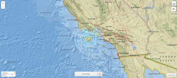 美国加州南部发生5.3级地震（图片来源：美国地质调查局）