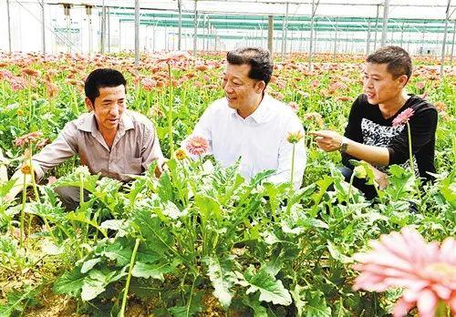 廖俊波(中)在福建政和县铁山镇东涧村向花农了解花卉生产情况