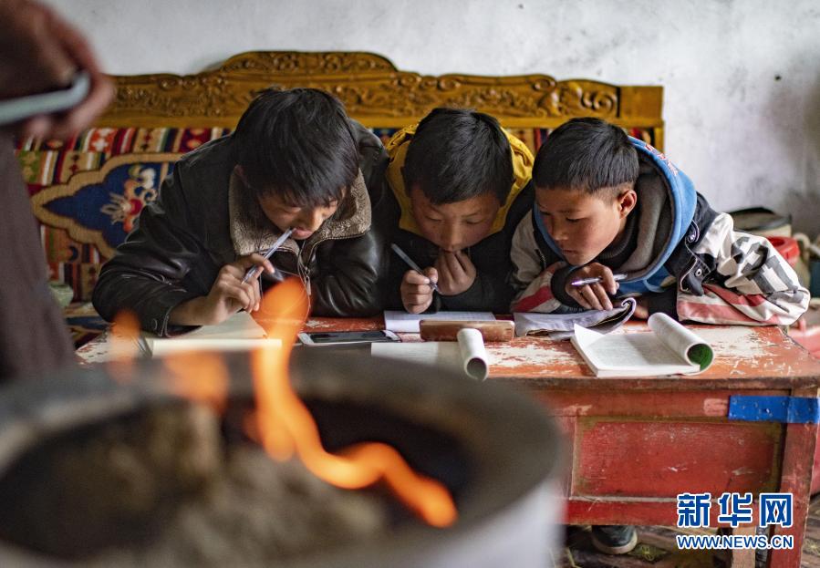 3月6日,西藏当雄县乌玛塘乡巴嘎村的孩子们在上网课.